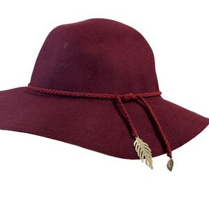 H&M Wool Burgundy Round Floppy Braided Trim Leaf Accents Hat Size L/58